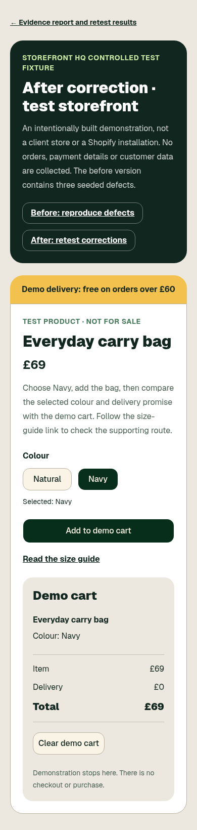 Recorded corrected demo cart detail showing Navy after Navy was selected.